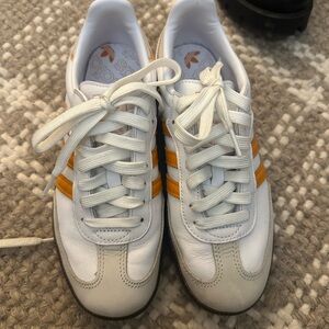 adidas Women's White Sneakers with Mustard Gold Stripes